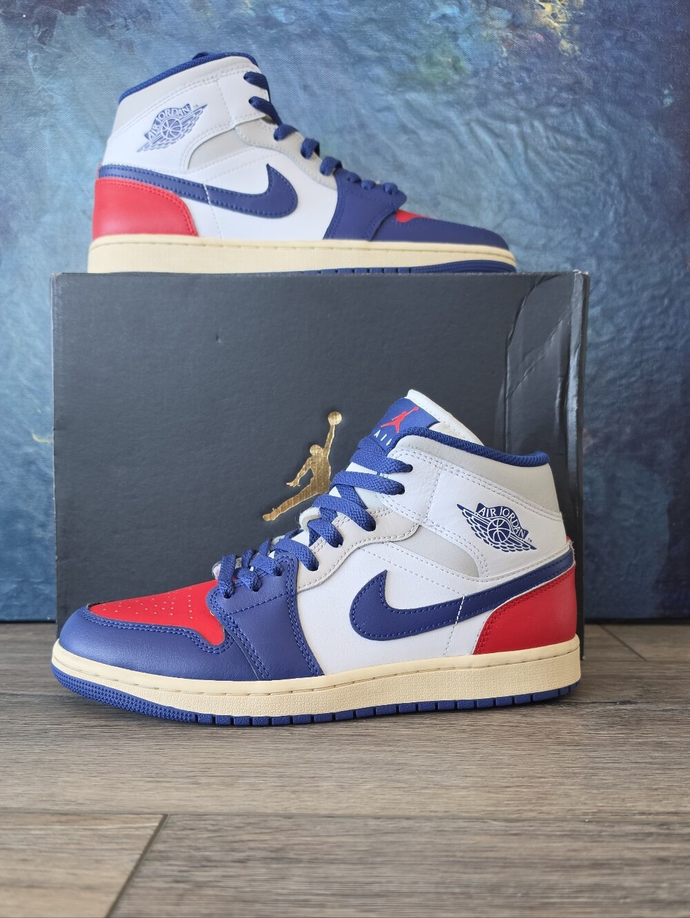 Jordan Men’s Mid Sneakers in White, Blue & Red